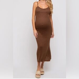 Brown Open Knit Crochet Maternity Midi Dress